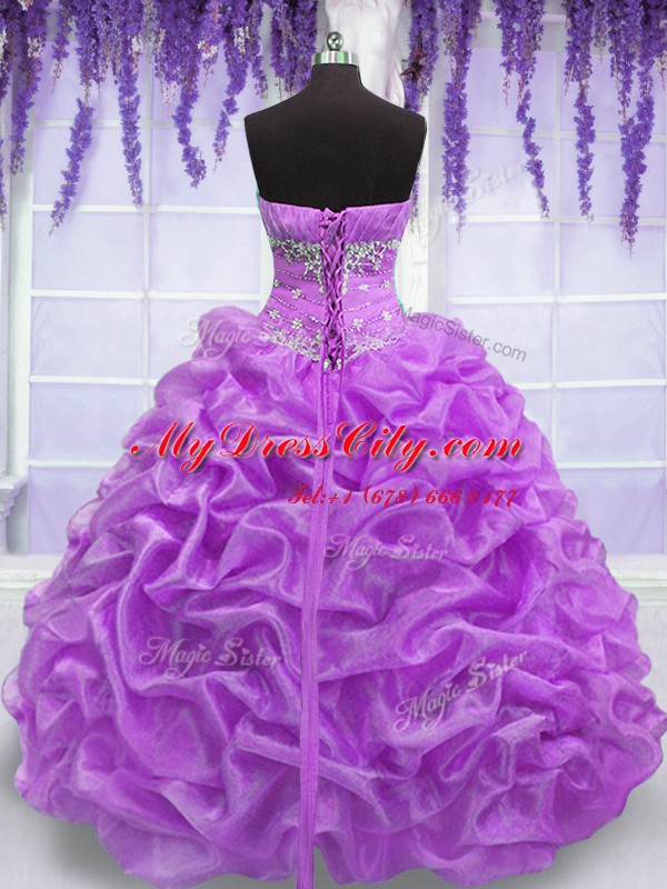 Ideal Lilac Ball Gowns Strapless Sleeveless Organza Floor Length Lace Up Beading Sweet 16 Dresses