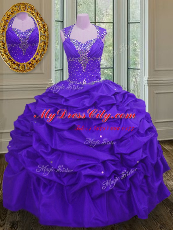 Eggplant Purple Straps Neckline Beading and Pick Ups 15 Quinceanera Dress Sleeveless Lace Up