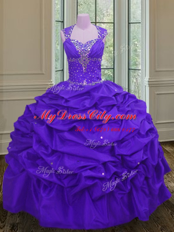 Eggplant Purple Straps Neckline Beading and Pick Ups 15 Quinceanera Dress Sleeveless Lace Up