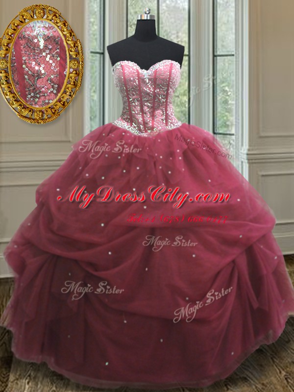 Hot Selling Burgundy Ball Gowns Sweetheart Sleeveless Organza Floor Length Lace Up Sequins and Pick Ups Quinceanera Dress