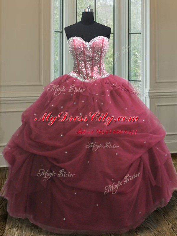 Hot Selling Burgundy Ball Gowns Sweetheart Sleeveless Organza Floor Length Lace Up Sequins and Pick Ups Quinceanera Dress