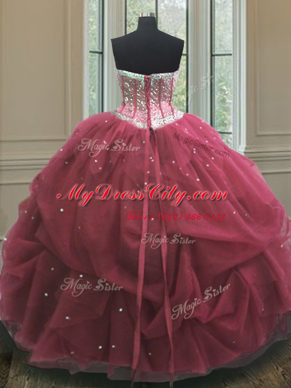 Hot Selling Burgundy Ball Gowns Sweetheart Sleeveless Organza Floor Length Lace Up Sequins and Pick Ups Quinceanera Dress