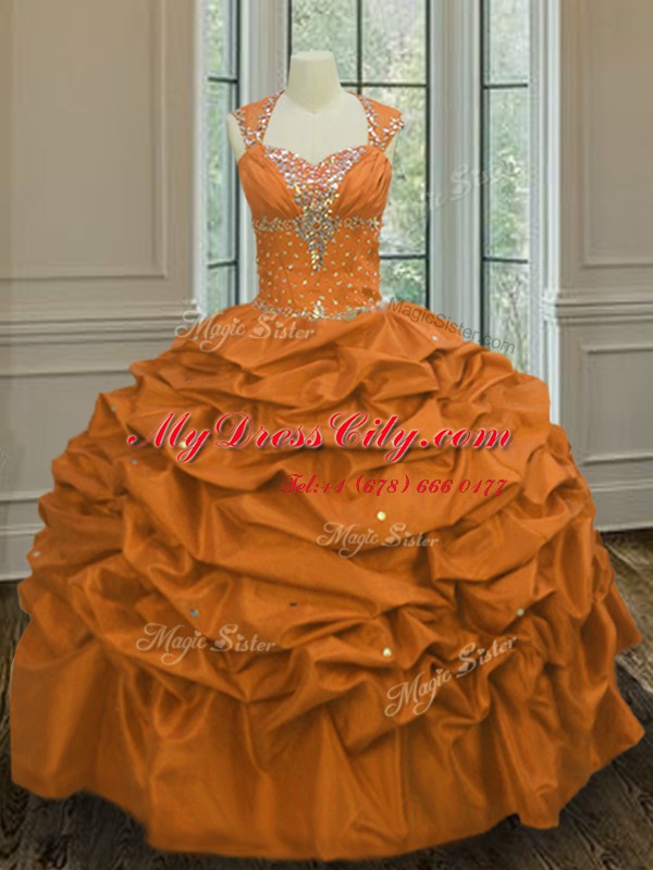 Ideal Pick Ups Straps Sleeveless Lace Up Quinceanera Gowns Orange Taffeta