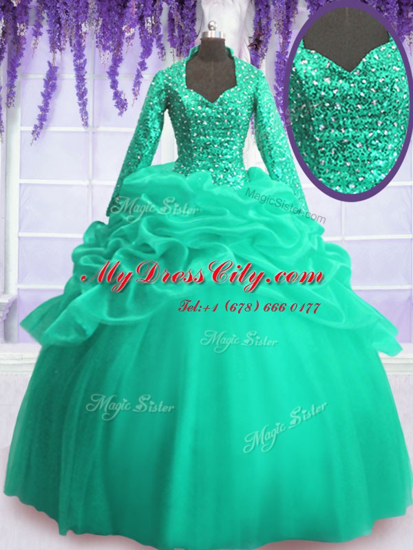 Cheap V-neck Long Sleeves Sweet 16 Quinceanera Dress Floor Length Sequins and Pick Ups Turquoise Organza