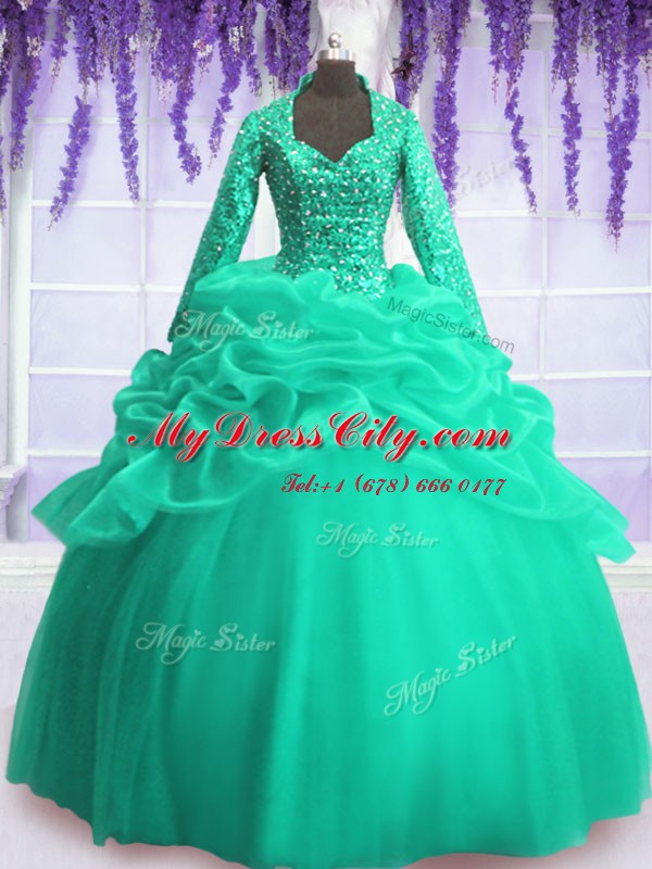 Cheap V-neck Long Sleeves Sweet 16 Quinceanera Dress Floor Length Sequins and Pick Ups Turquoise Organza