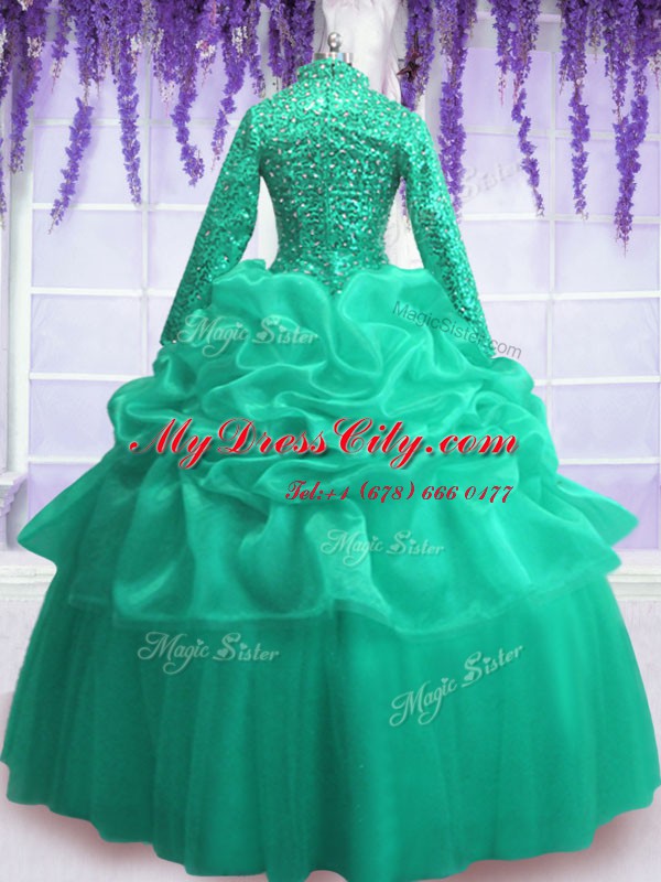 Cheap V-neck Long Sleeves Sweet 16 Quinceanera Dress Floor Length Sequins and Pick Ups Turquoise Organza