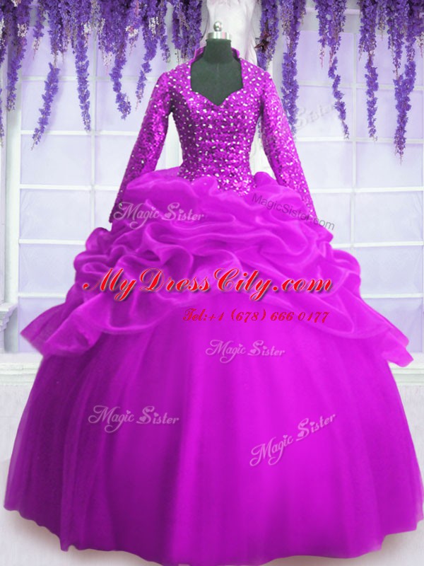 Romantic Fuchsia Organza Zipper Sweet 16 Quinceanera Dress Long Sleeves Floor Length Sequins and Pick Ups