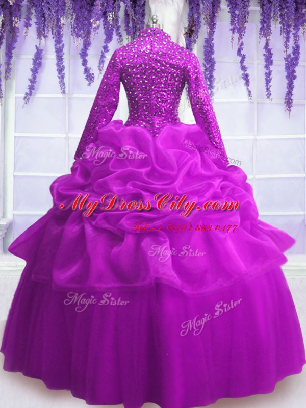 Romantic Fuchsia Organza Zipper Sweet 16 Quinceanera Dress Long Sleeves Floor Length Sequins and Pick Ups