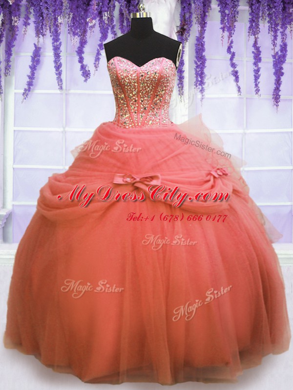 Spectacular Watermelon Red Sleeveless Tulle Lace Up Sweet 16 Dresses for Military Ball and Sweet 16 and Quinceanera