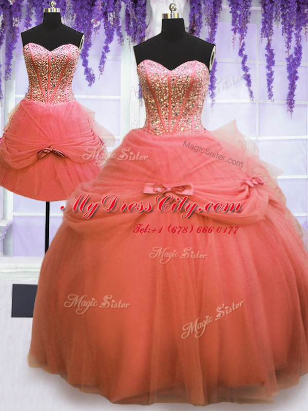 Three Piece Floor Length Watermelon Red Quinceanera Gowns Tulle Sleeveless Beading and Bowknot