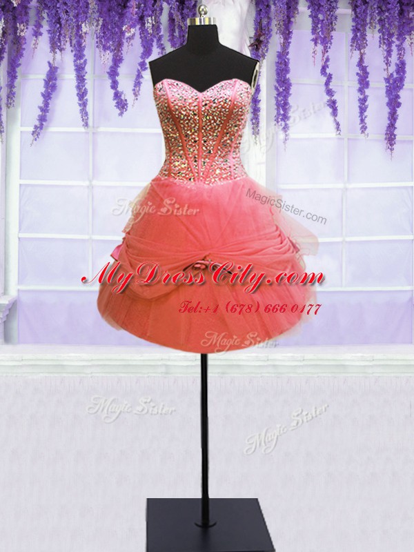 Three Piece Floor Length Watermelon Red Quinceanera Gowns Tulle Sleeveless Beading and Bowknot