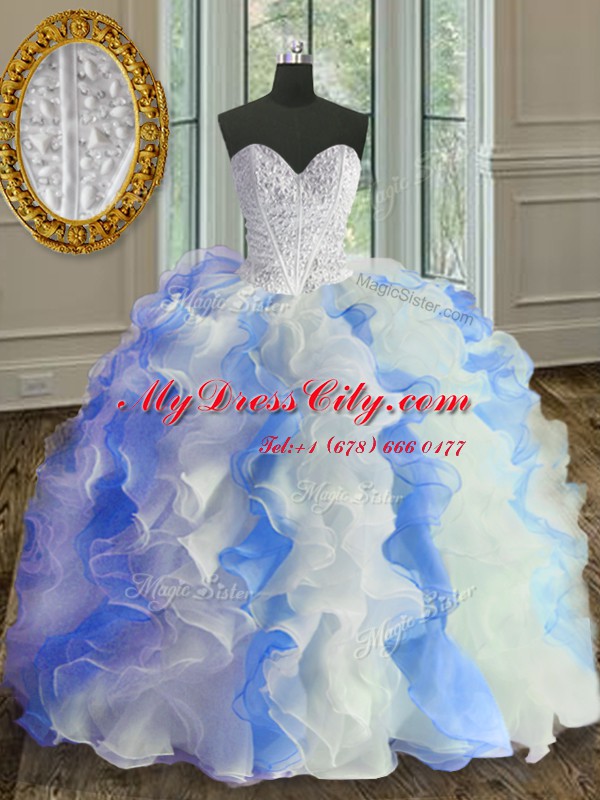 Suitable Ball Gowns Sweet 16 Quinceanera Dress White and Blue Sweetheart Organza Sleeveless Floor Length Lace Up