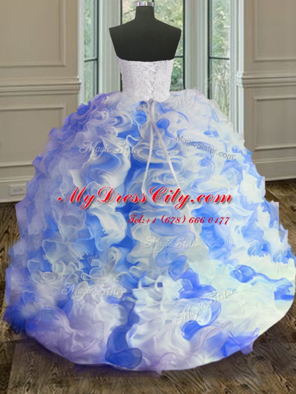 Suitable Ball Gowns Sweet 16 Quinceanera Dress White and Blue Sweetheart Organza Sleeveless Floor Length Lace Up