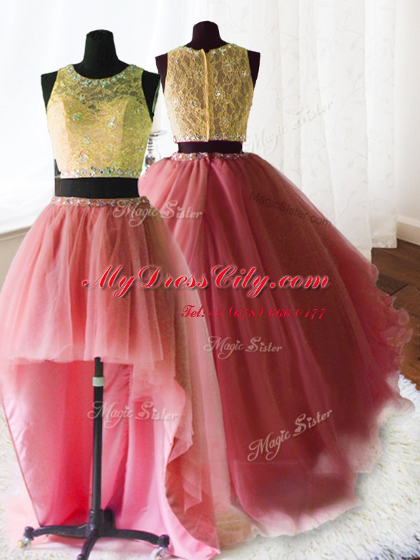 Custom Made Three Piece Scoop With Train Watermelon Red Sweet 16 Quinceanera Dress Organza and Tulle and Lace Brush Train Sleeveless Beading and Lace and Ruffles