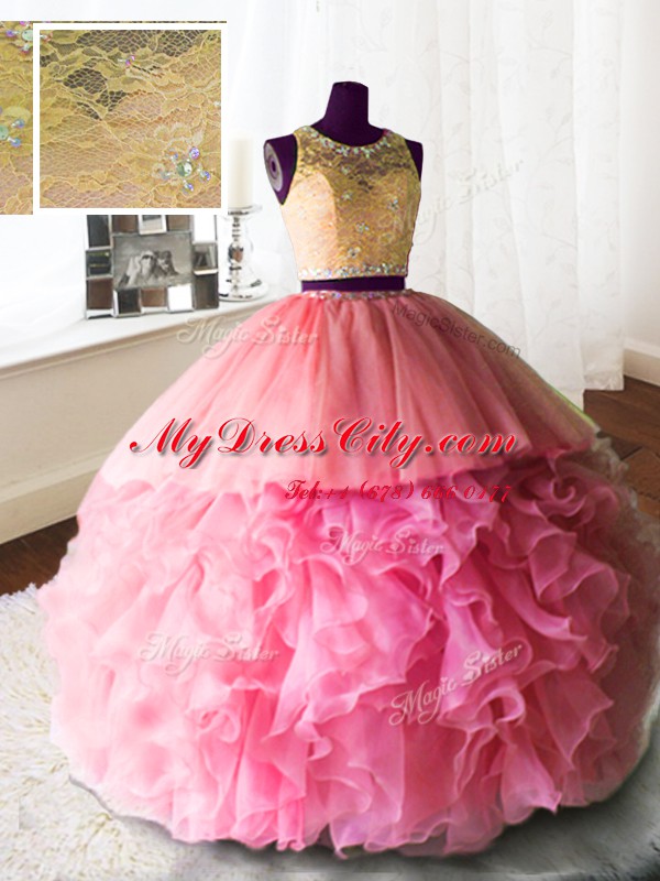 Custom Made Three Piece Scoop With Train Watermelon Red Sweet 16 Quinceanera Dress Organza and Tulle and Lace Brush Train Sleeveless Beading and Lace and Ruffles