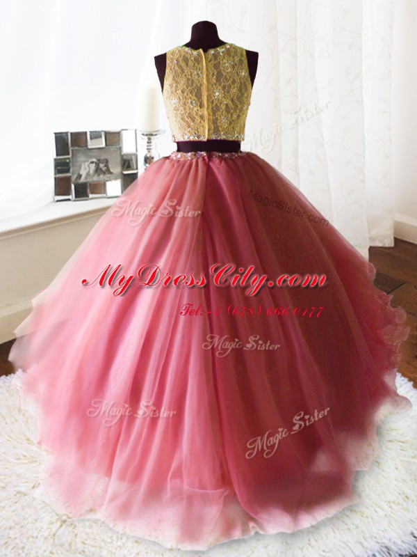 Custom Made Three Piece Scoop With Train Watermelon Red Sweet 16 Quinceanera Dress Organza and Tulle and Lace Brush Train Sleeveless Beading and Lace and Ruffles