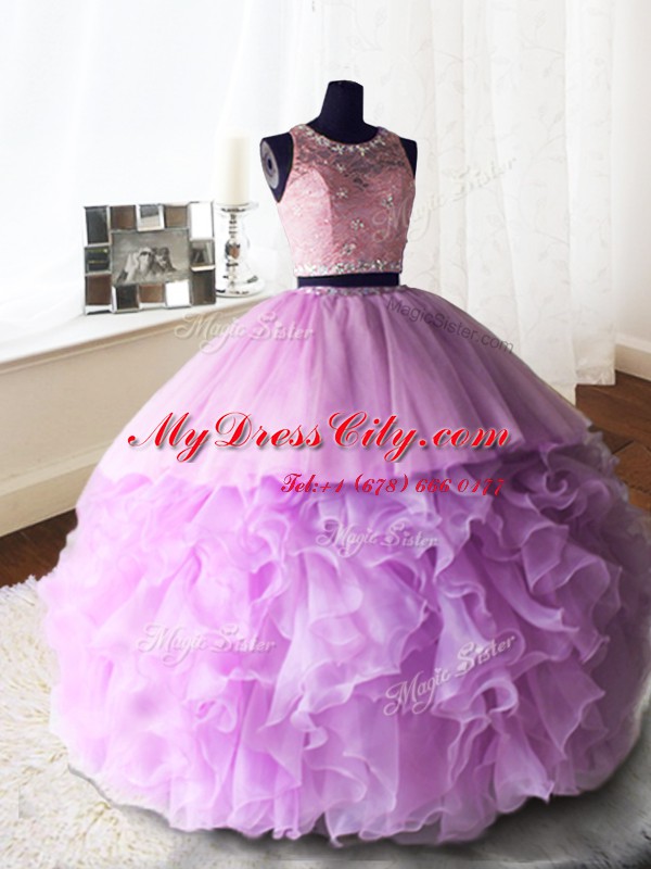 Organza and Tulle and Lace Scoop Sleeveless Brush Train Zipper Beading and Lace and Ruffles Quince Ball Gowns in Lilac