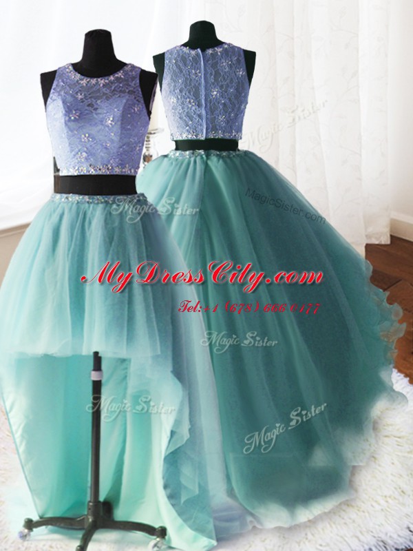 Edgy Three Piece Scoop Apple Green Ball Gowns Beading and Ruffles Quince Ball Gowns Zipper Organza and Tulle and Lace Sleeveless With Train