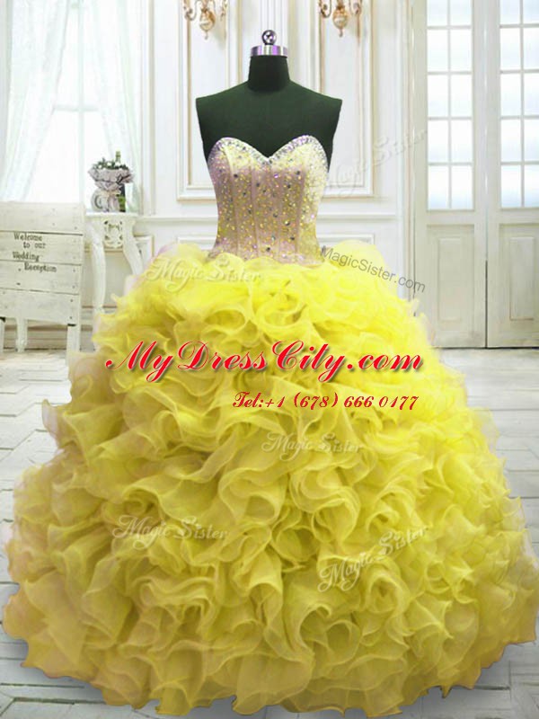 Charming Sleeveless Sweep Train Beading and Ruffles Lace Up Quinceanera Dress