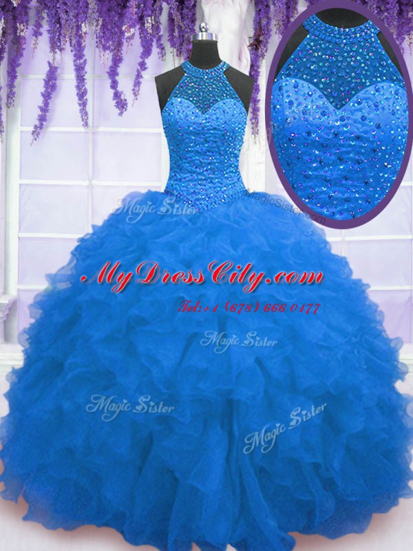 Extravagant Organza High-neck Sleeveless Zipper Beading and Ruffles Sweet 16 Quinceanera Dress in Blue