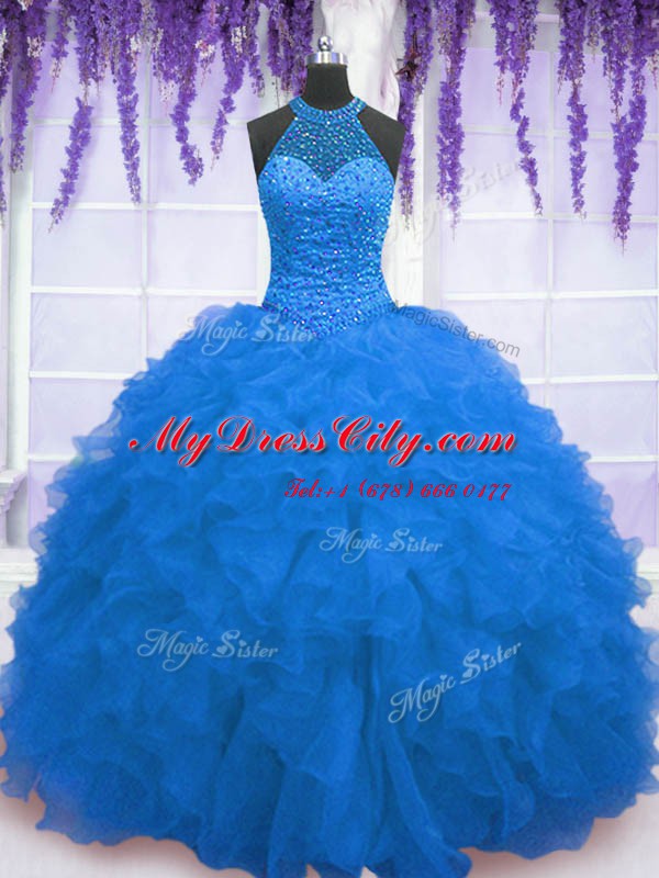 Extravagant Organza High-neck Sleeveless Zipper Beading and Ruffles Sweet 16 Quinceanera Dress in Blue