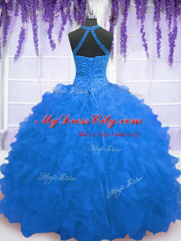 Extravagant Organza High-neck Sleeveless Zipper Beading and Ruffles Sweet 16 Quinceanera Dress in Blue