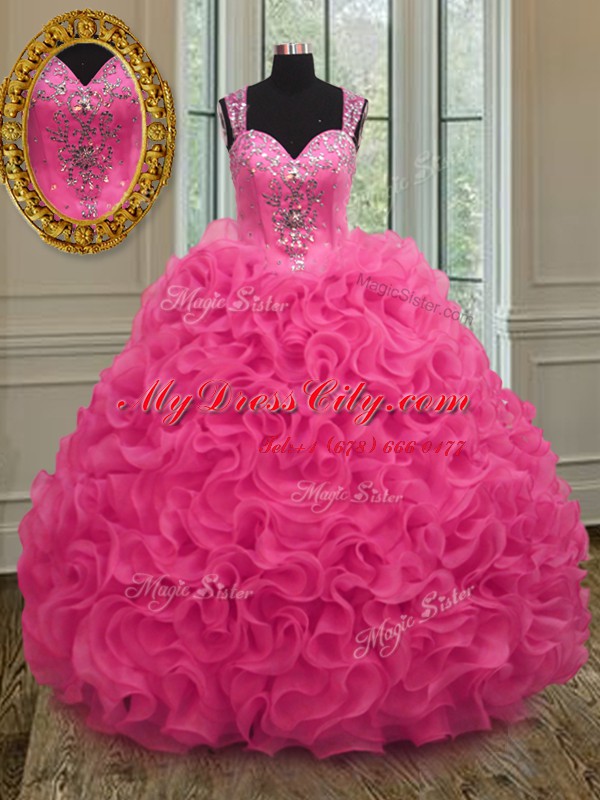 Hot Pink Zipper Straps Beading and Ruffles Sweet 16 Dresses Organza Sleeveless