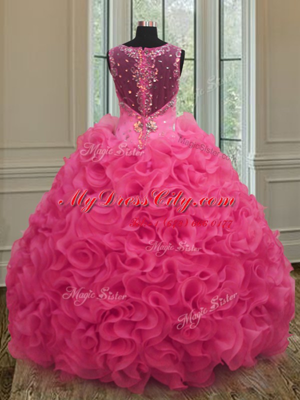 Hot Pink Zipper Straps Beading and Ruffles Sweet 16 Dresses Organza Sleeveless