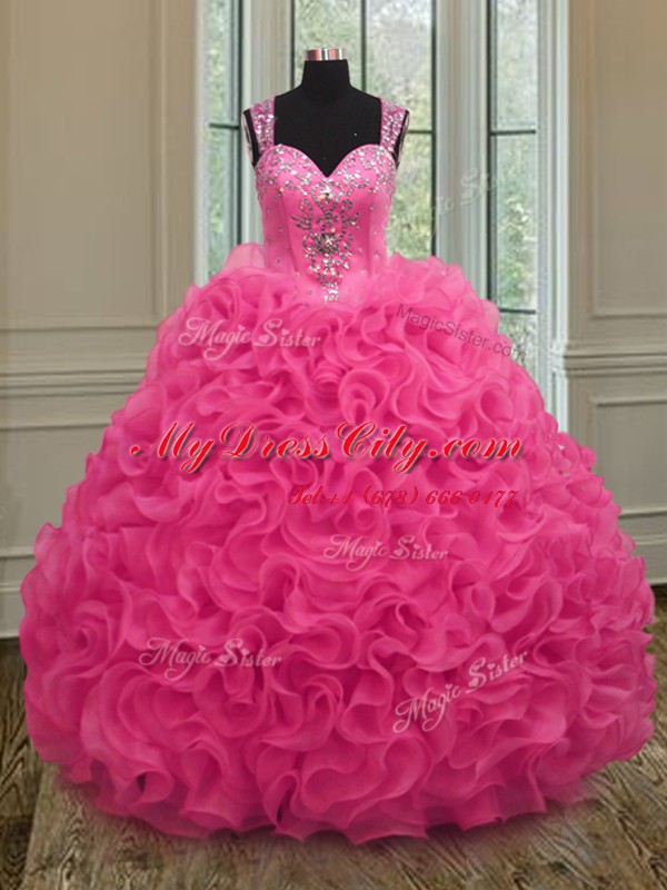 Hot Pink Zipper Straps Beading and Ruffles Sweet 16 Dresses Organza Sleeveless