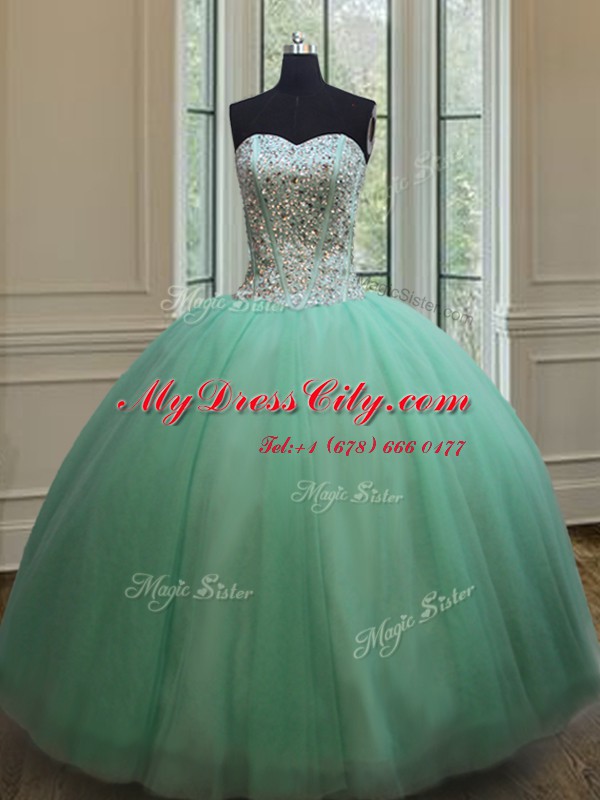 Deluxe Sweetheart Sleeveless Quinceanera Dress Floor Length Beading Apple Green Tulle