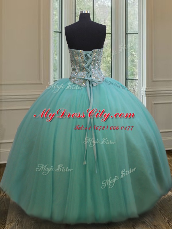 Deluxe Sweetheart Sleeveless Quinceanera Dress Floor Length Beading Apple Green Tulle