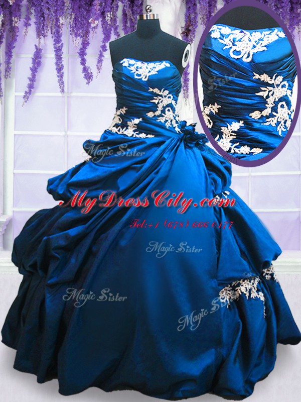 Designer Sleeveless Floor Length Appliques and Pick Ups Lace Up 15 Quinceanera Dress with Royal Blue