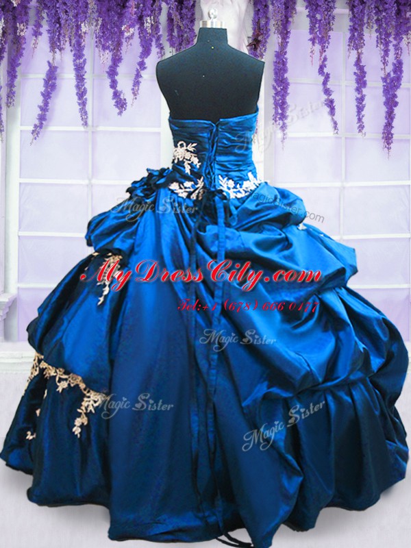 Designer Sleeveless Floor Length Appliques and Pick Ups Lace Up 15 Quinceanera Dress with Royal Blue