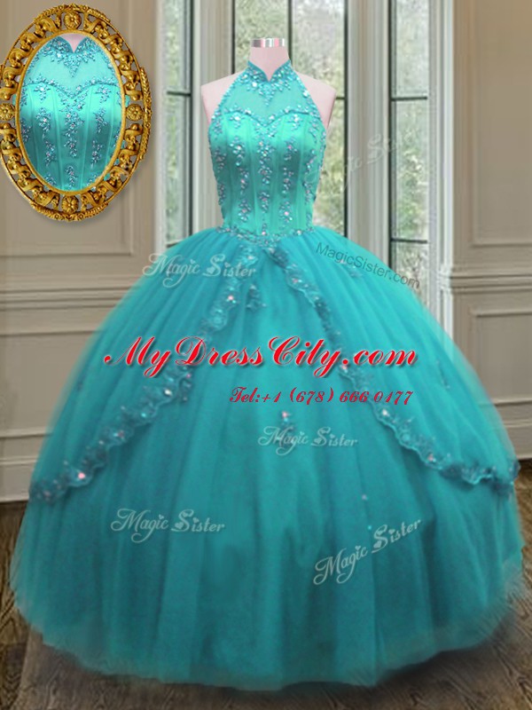 Luxury Tulle High-neck Sleeveless Lace Up Beading and Appliques Quinceanera Dresses in Aqua Blue