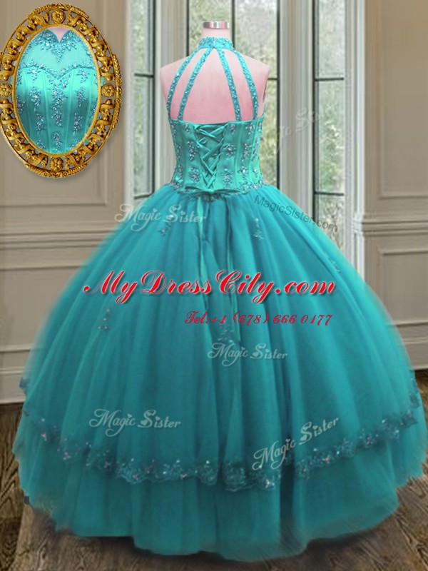 Luxury Tulle High-neck Sleeveless Lace Up Beading and Appliques Quinceanera Dresses in Aqua Blue