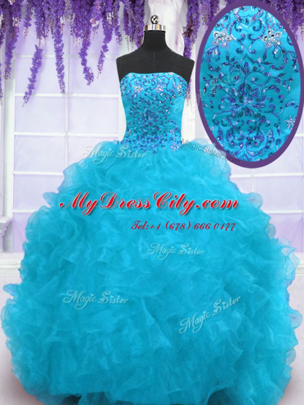 Beautiful Aqua Blue Strapless Neckline Beading and Ruffles Quinceanera Dress Sleeveless Lace Up