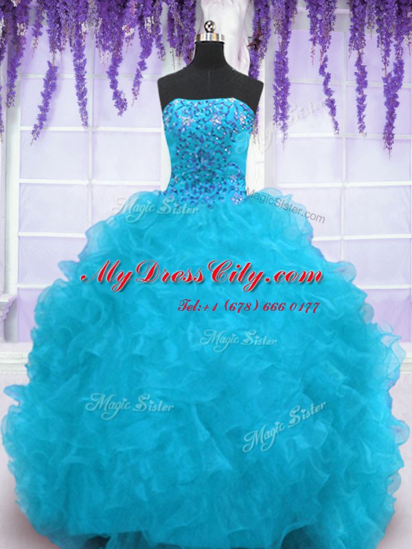 Beautiful Aqua Blue Strapless Neckline Beading and Ruffles Quinceanera Dress Sleeveless Lace Up