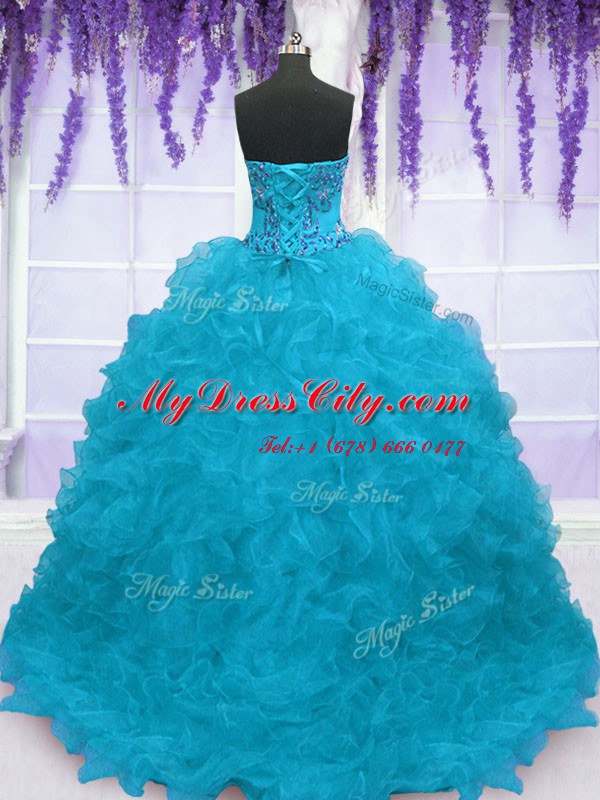 Beautiful Aqua Blue Strapless Neckline Beading and Ruffles Quinceanera Dress Sleeveless Lace Up