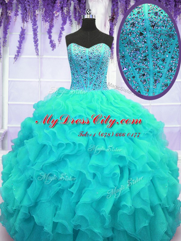 Custom Designed Aqua Blue Sleeveless Beading and Ruffles Floor Length Vestidos de Quinceanera