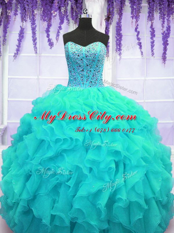 Custom Designed Aqua Blue Sleeveless Beading and Ruffles Floor Length Vestidos de Quinceanera