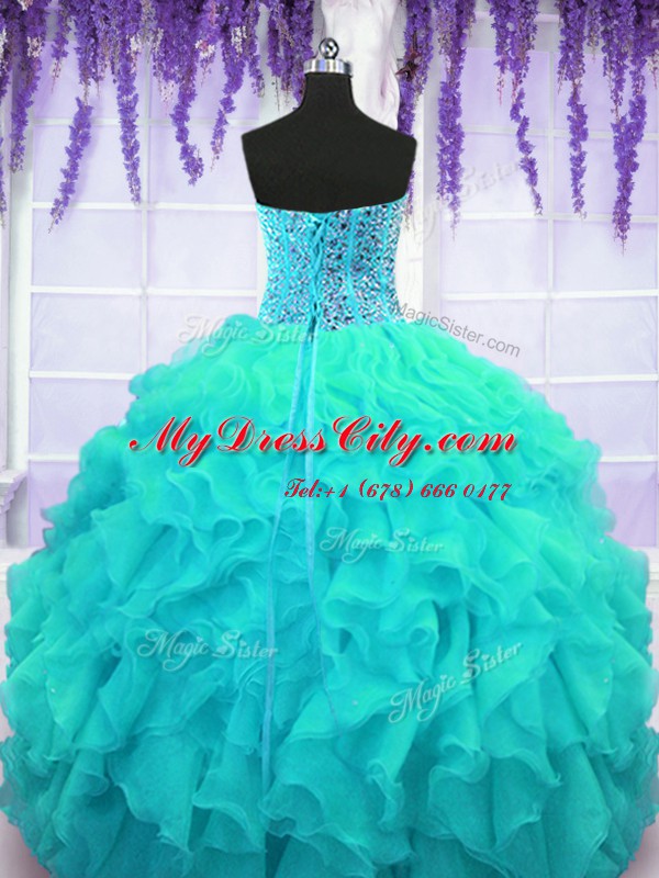 Custom Designed Aqua Blue Sleeveless Beading and Ruffles Floor Length Vestidos de Quinceanera