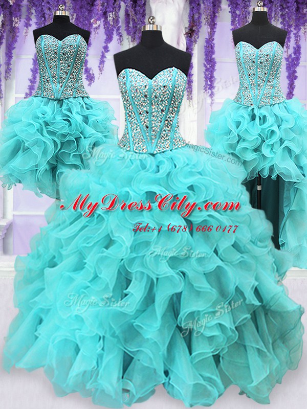 Colorful Four Piece Aqua Blue Sleeveless Floor Length Ruffles and Sequins Lace Up Quince Ball Gowns