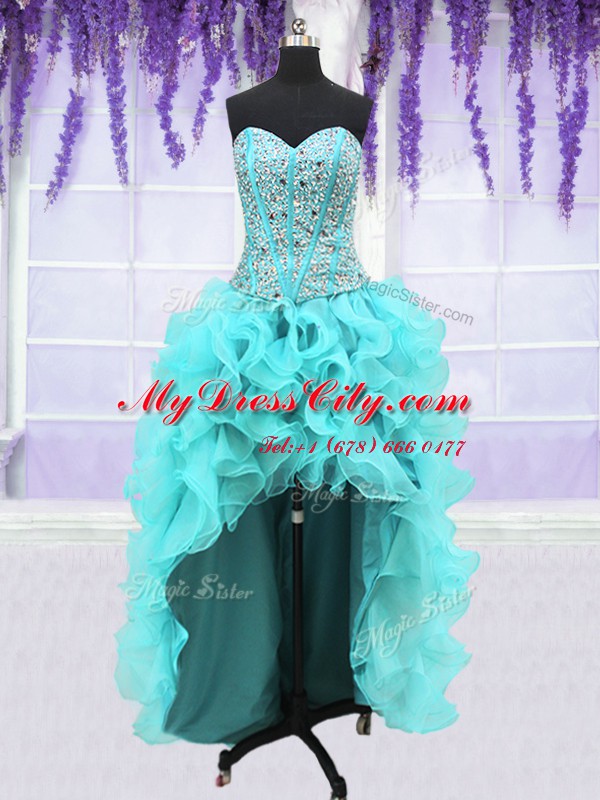 Colorful Four Piece Aqua Blue Sleeveless Floor Length Ruffles and Sequins Lace Up Quince Ball Gowns