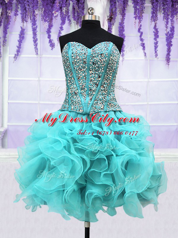 Colorful Four Piece Aqua Blue Sleeveless Floor Length Ruffles and Sequins Lace Up Quince Ball Gowns