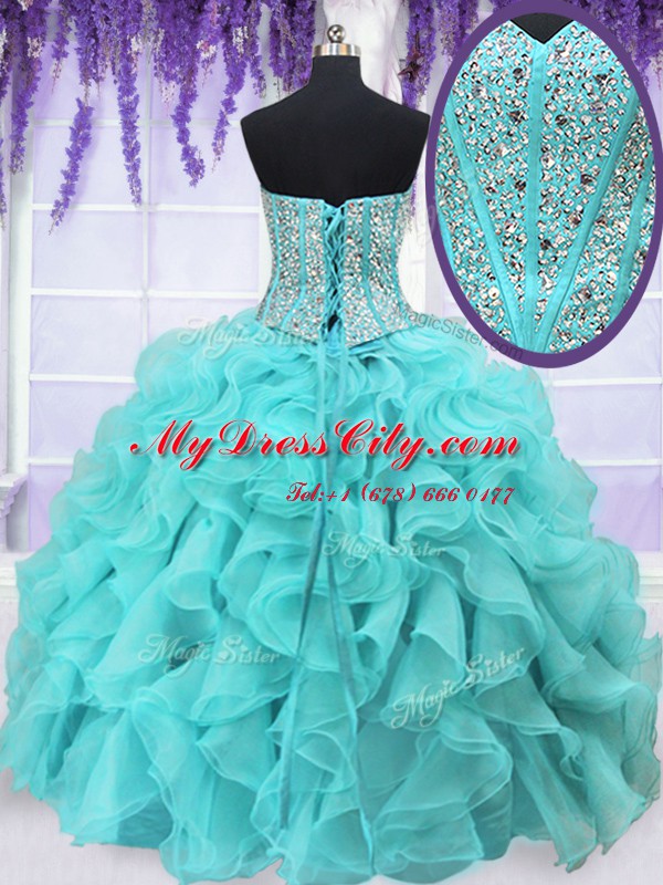 Colorful Four Piece Aqua Blue Sleeveless Floor Length Ruffles and Sequins Lace Up Quince Ball Gowns