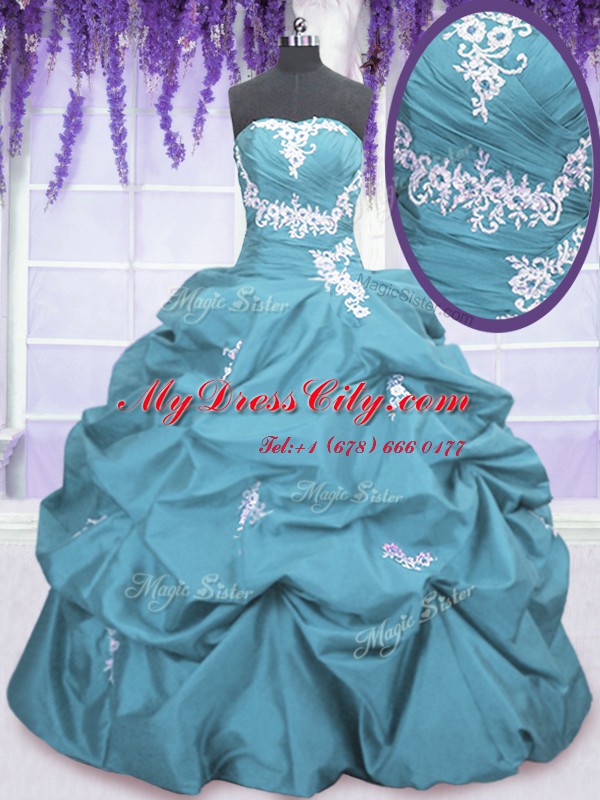 New Style Teal Strapless Lace Up Appliques and Pick Ups Sweet 16 Dresses Sleeveless