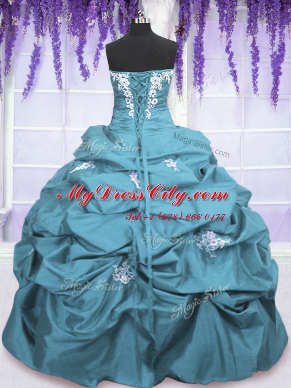 New Style Teal Strapless Lace Up Appliques and Pick Ups Sweet 16 Dresses Sleeveless