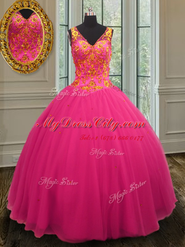 Inexpensive Floor Length Zipper Sweet 16 Dresses Hot Pink for Military Ball and Sweet 16 and Quinceanera with Beading