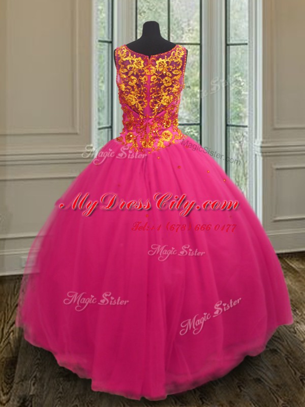 Inexpensive Floor Length Zipper Sweet 16 Dresses Hot Pink for Military Ball and Sweet 16 and Quinceanera with Beading