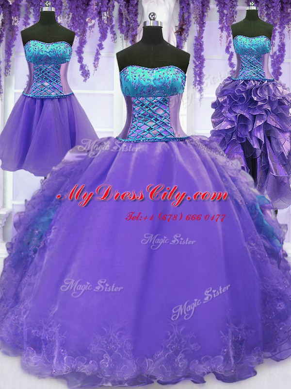 Exquisite Four Piece Lavender Ball Gowns Organza Strapless Sleeveless Embroidery and Ruffles Floor Length Lace Up Sweet 16 Dresses